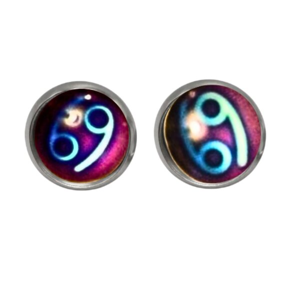 BLUE-PURPLE CANCER SIGN ZODIAC CABOCHON EARRINGS - Picture 2 of 4